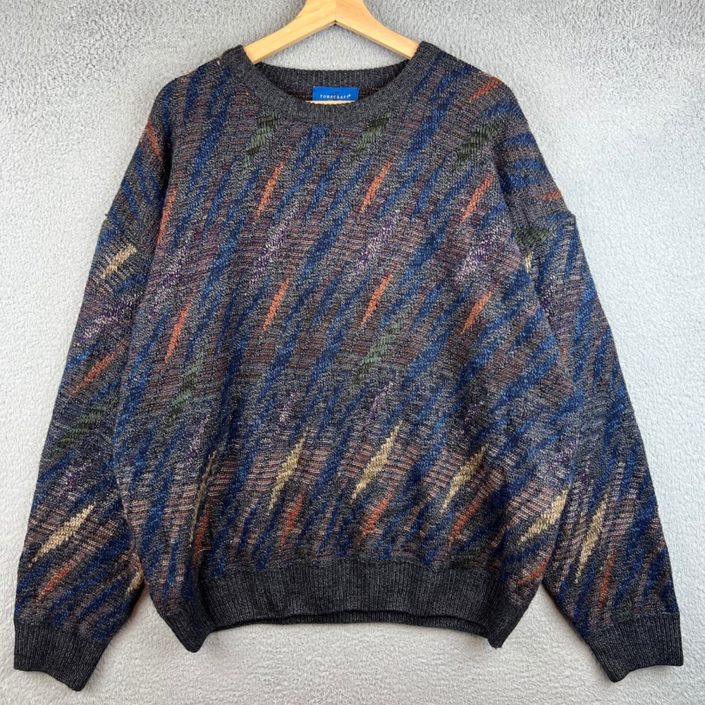 Towncraft Mens XL Vintage Abstract Geometric Knit Sweater Multi-Color Crewneck
